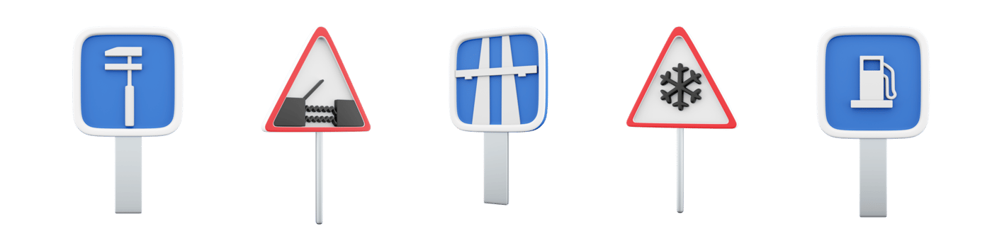 3d rendering Drawbridge, Motorway, Vehicle maintenance, gas station, snow warning road sign icon set. 3d render road sign concept icon set. png