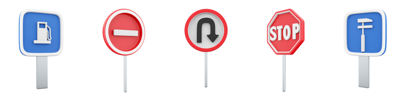 3d rendering Car maintenance, gas station, U-Turn, No entry, Movement without stopping is prohibited road sign icon set. 3d render road sign concept icon set. png