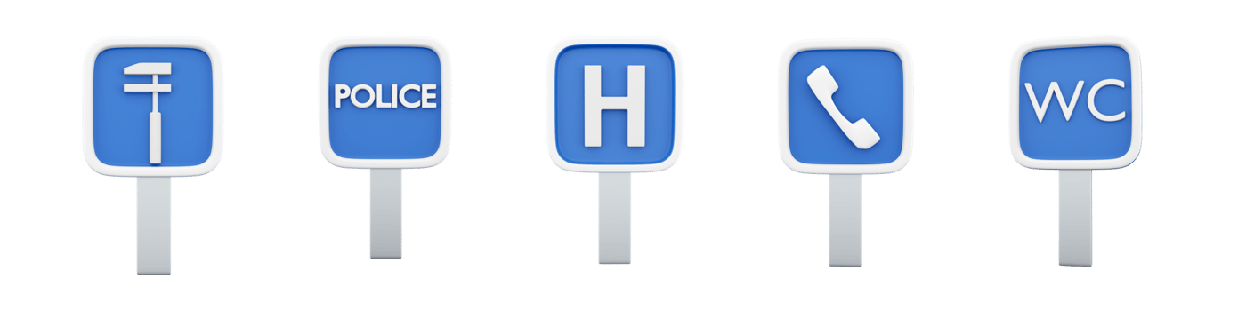 3d rendering Car maintenance, police, telephone, toilet, hospital road sign icon set. 3d render road sign concept icon set. png