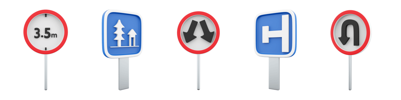 3d rendering height limit of 3.5 meters, dead end on the left, go around the obstacle, U-Turn, resting place road sign icon set. 3d render road sign concept icon set. png