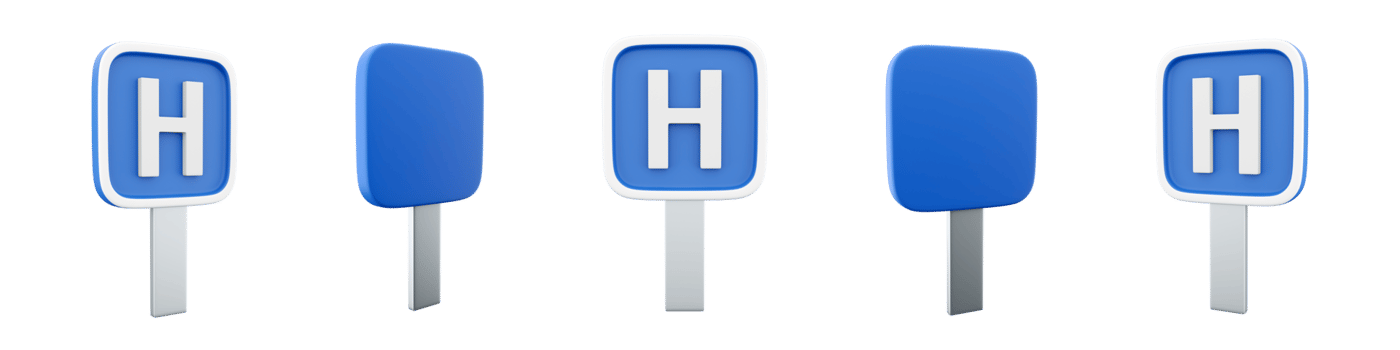 3d rendering hospital road sign different positions icon set. 3d render road sign concept icon set. Hospital. png