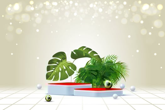 3d background products display a podium scene with green leaves vector