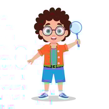 Cute boy looks through a magnifying glass, the child explores the world vector