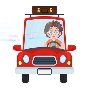 The boy is driving a red car, riding a car vector