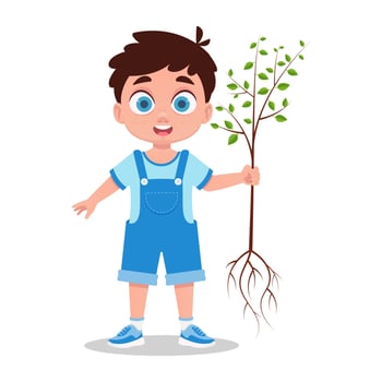 Cute boy planting a tree, vector illustration