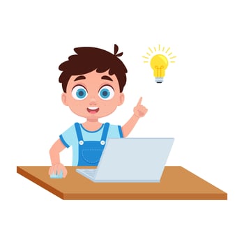 Boy working on laptop, idea. Vector illustration