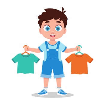 Cute boy buys things. Vector illustration
