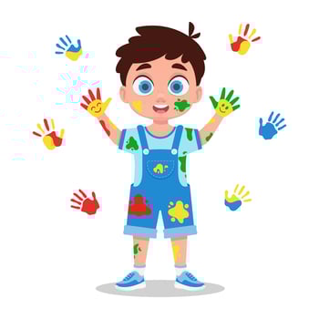 Cute boy in paints, handprints, festival of colors vector