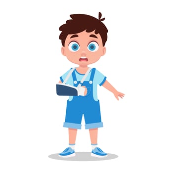 Sad boy with a broken arm vector
