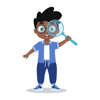 Cute boy looks through a magnifying glass, the child explores the world vector