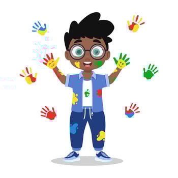 Cute boy in paints, handprints, festival of colors vector