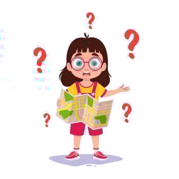 A child with a map in his hands asks for directions vector