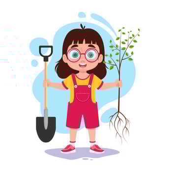 Girl with a shovel and a tree in her hands vector
