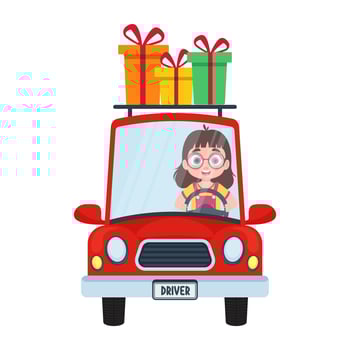 Cute child on the car carries gifts vector