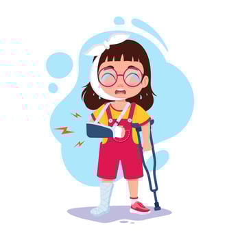 Child with broken arm, broken leg, on crutches vector