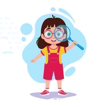 The girl looks through a magnifying glass, the child explores the world vector