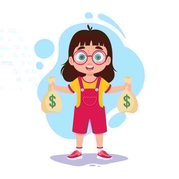 Happy child holding bags of money vector