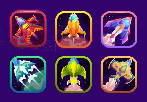 Space game app icons, UI frames and cartoon GUI vector