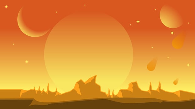 Science fiction landscape vector illustration. Orange hot planet landscape space view. Yellow galaxy with sun and moon. Science fiction vector for background, wallpaper or illustration