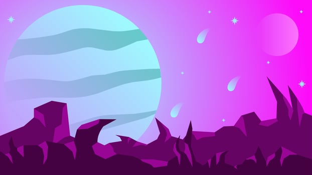 Science fiction landscape vector illustration. Violet jupiter planet landscape background. Purple galaxy view with comet and star. Science fiction vector for background, wallpaper or illustration