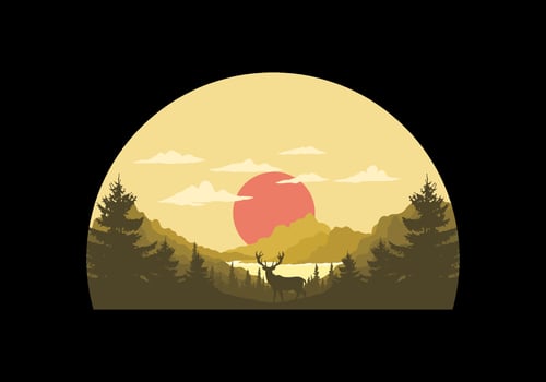 Landscape art illustration of lake and pine forests vector