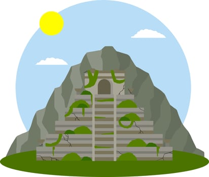Mayan pyramid. Ancient American culture. Building in green jungle. Tourist attraction of Mexico. Stepped abandoned temple. An old mysterious civilization. Cartoon flat illustration vector