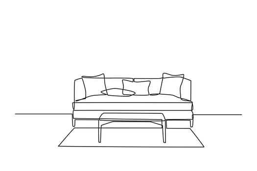 Continuous one line drawing Interior of the living room with sofa and decoration accessories. Living room concept. Single line draw design vector graphic illustration.