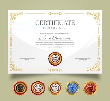 Certificate of Appreciation and Achievement template. Clean modern certificate with gold badges. Diploma award design for business and education needs. vector