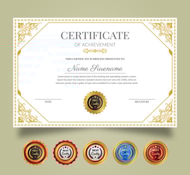 Certificate of Appreciation and Achievement template. Clean modern certificate with gold badges. Diploma award design for business and education needs. vector