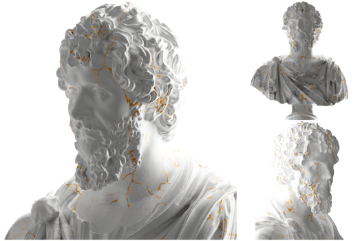Elegant 3D render of Roman Emperor statue in white marble and gold. for apparel and album covers png