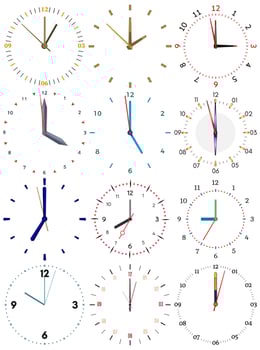 A set of different mechanical clocks with an image of each of the twelve hours. Clock face on white background. vector