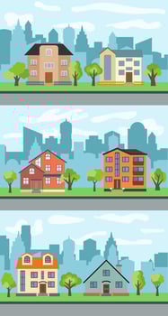 Set of three vector illustrations of city street with cartoon houses and trees. Summer urban landscape. Street view with cityscape on a background