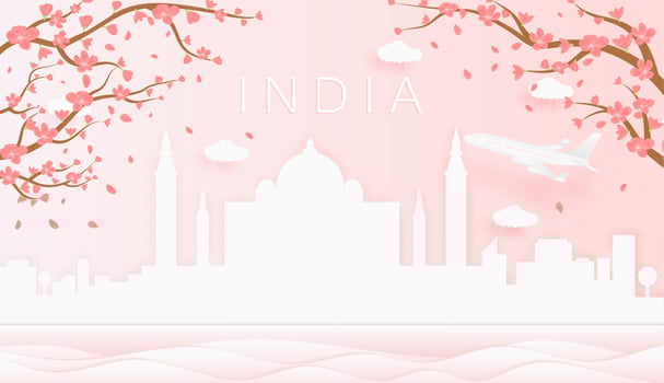 Panorama travel postcard, poster, tour advertising of world famous landmarks of India, spring season with blooming flowers in tree vector icon