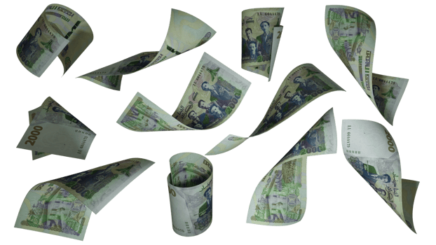 3D rendering of Algerian dinar notes flying in different angles and orientations isolated on transparent background png