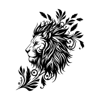 Regal lion portrait with ornamental floral design. Monochrome vector illustration perfect for tattoo, emblem, poster, or design element in fashion, home decor, and wildlife-inspired themes.