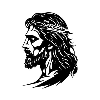Sacred image of Jesus Christ with thorny crown and long hair. Monochrome vector illustration suitable for religious and spiritual designs, t-shirts, prints, and more.