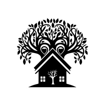Eco-friendly house with leafy tree logo. Green home icon in vector format for sustainable architecture, environment conservation, real estate, and landscaping designs.