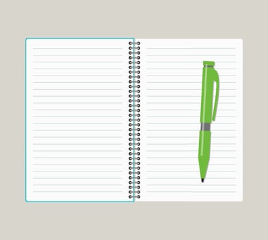 Open notebook with green pen. Vector illustration