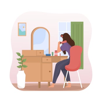 Woman combing her hair. Woman daily routine vector