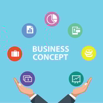 Acrobat. Businessman juggling business icons. Concept business vector illustration
