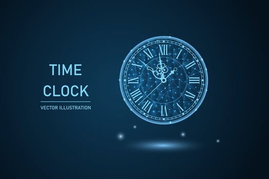 Happy New Year greeting card with glowing low poly roman numeral clock on dark blue background vector