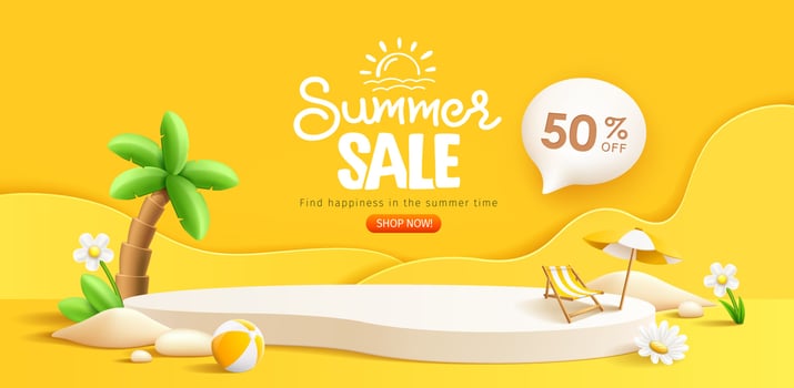 Summer sale podium display, pile of sand, flowers, beach umbrella, beach chair and beach ball, speech bubble space banner design, on yellow background, EPS 10 vector illustration