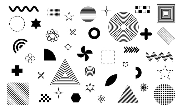 Big set of memphis style geometrical shapes and elements on white background flat vector illustration