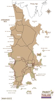 Phuket Thailand Travel vector illustration, scribble sketch. Phuket island map with gold brown color.