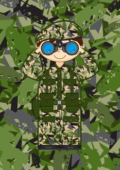 Cartoon Army Soldier with Binoculars on Camo Background Military History Illustration vector