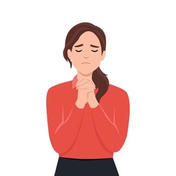 Praying, asking for God help concept. Young girl with folded hands and closed eyes, crying, asking for forgiveness, repenting, regretting, religious woman shriving vector