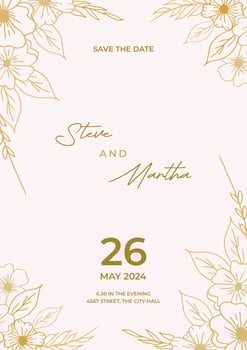 Minimalist wedding invitation template with gold hand drawn leaves and flowers decoration vector