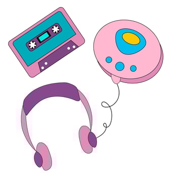 Collection of colorful stickers, icons in 90s style. Vector illustration retro set from the era of the 90s. Vintage cassette and player with headphones