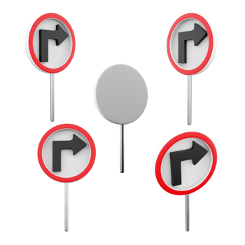 3d rendering Turn right road sign different positions icon set. 3d render road sign concept icon set. Turn right. png