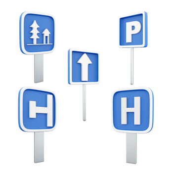 3d rendering resting place, parking place, dead end on tle left, one way, hospital road sign icon set. 3d render road sign concept icon set. png